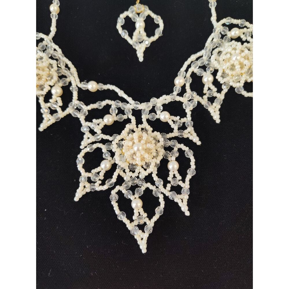 Vintage Handmade Beaded Bib Wedding Necklace Off White Adjustable 17-20"